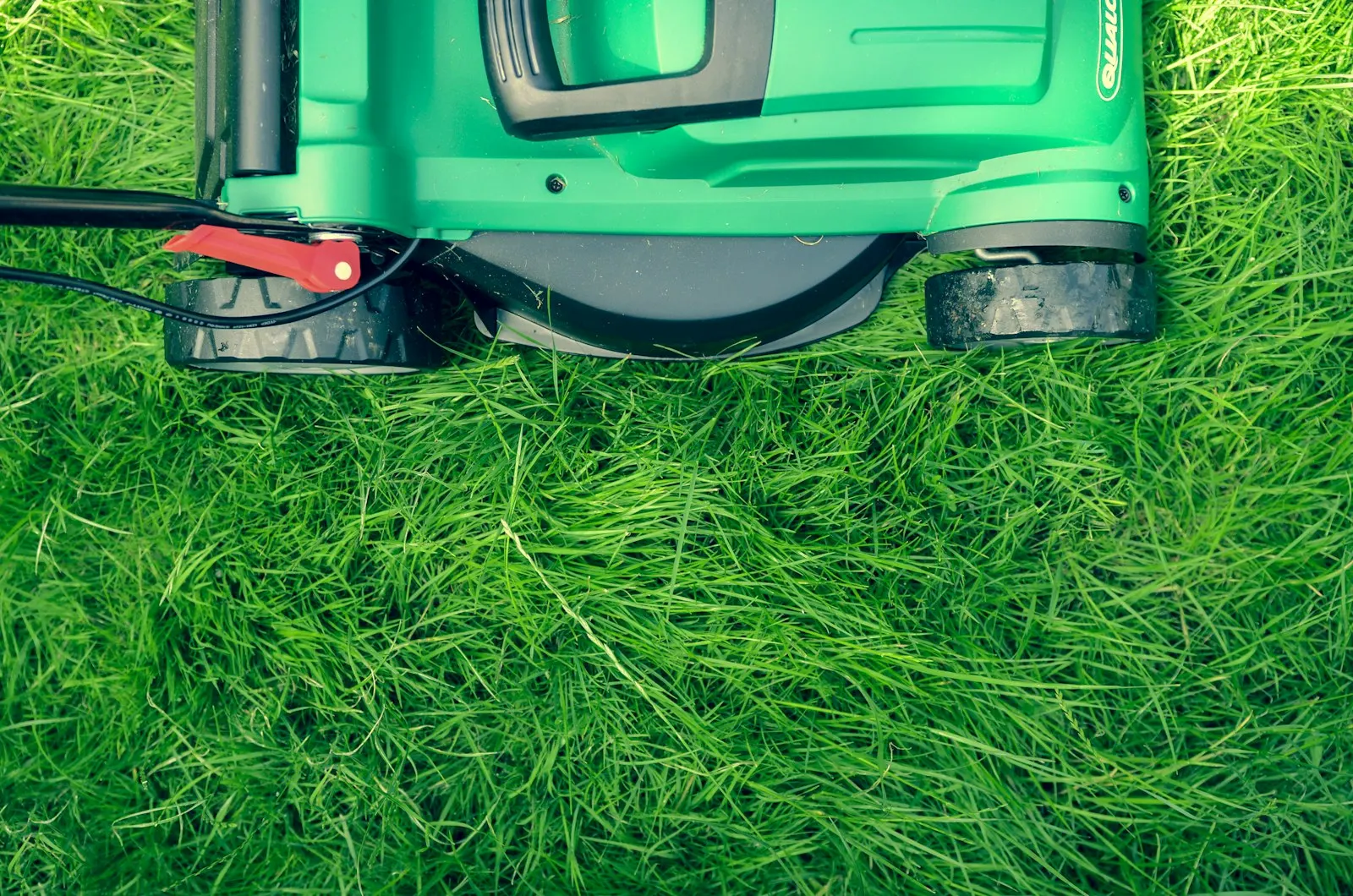 Push mower mid-pass on the small turf section of a Phoenix front yard.